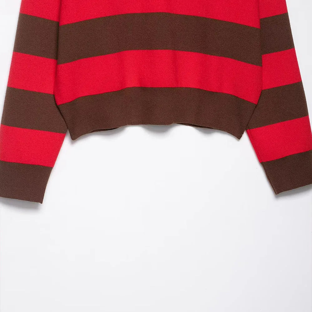 PB&ZA Women 2025 Autumn New Fashion Striped POLO Shirt Collar Knitted Sweater Vintage Long Sleeve Female Pullovers Chic Tops