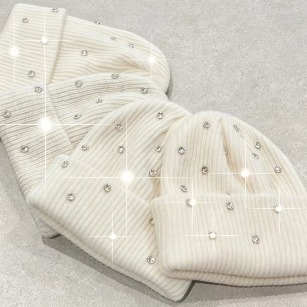 Factory Wholesale Diamond Bling Knit Cuffed Acrylic Rhinestone Winter Beenies Luxury Shiny Rhinestone Beanie for Women