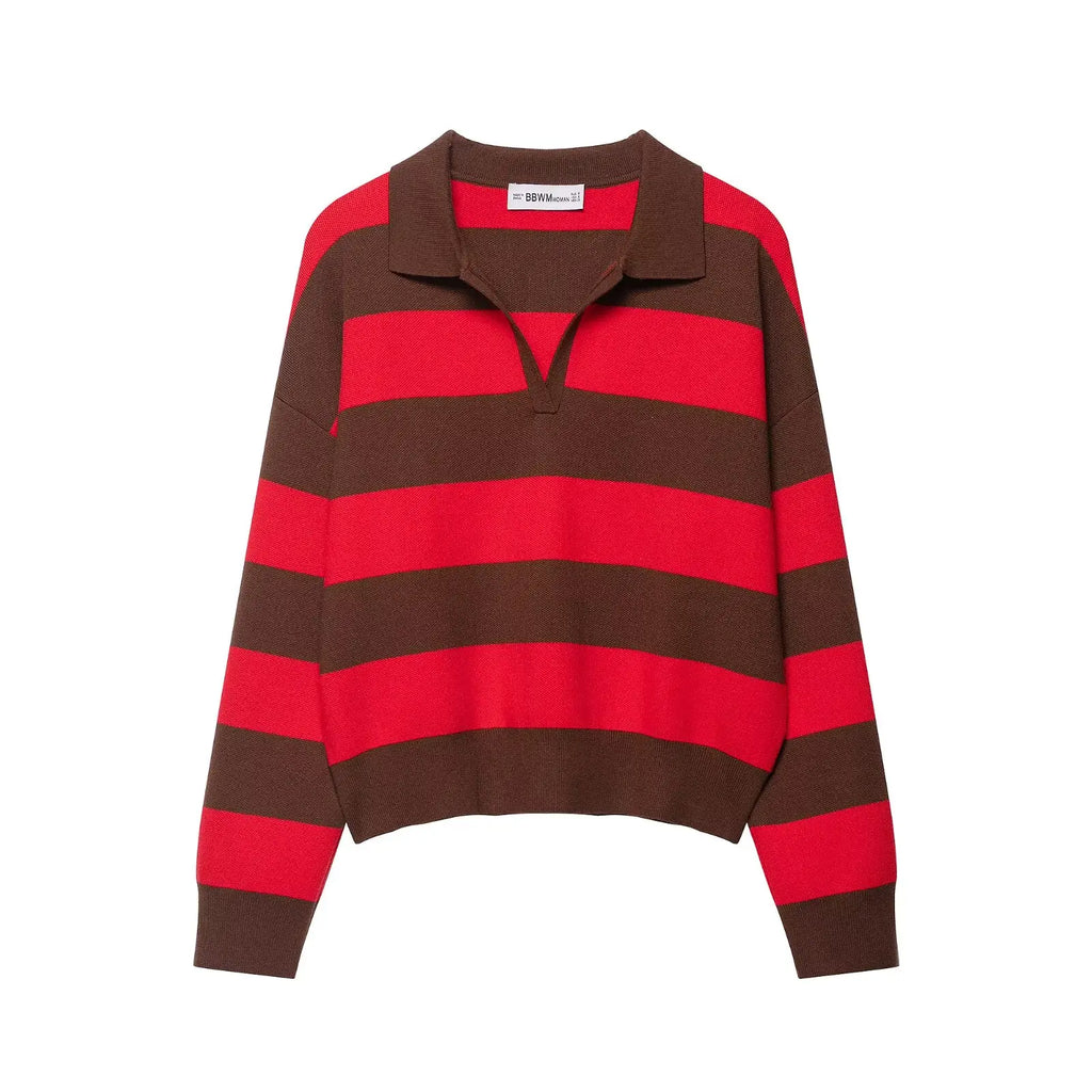 PB&ZA Women 2025 Autumn New Fashion Striped POLO Shirt Collar Knitted Sweater Vintage Long Sleeve Female Pullovers Chic Tops