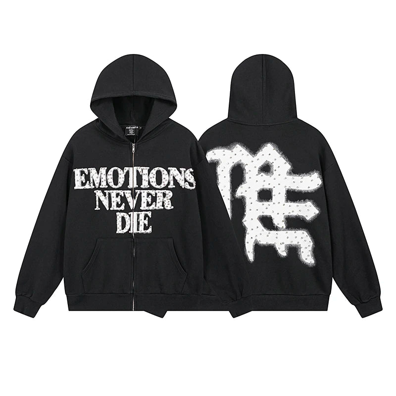 Cotton Zipper Hoodie Retro Street Shining Rhinestone Men's Clothing MIXED EMOTION Graffiti Hoodie