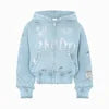 Hot Selling Trendy Custom Made 3D Embroidery Hoodie Acid Wash Zip Distressed 380 Gsm Heavyweight Cotton Rhinestones Embroidery