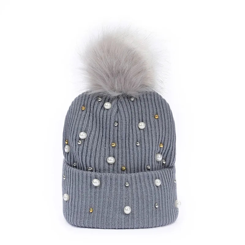 Winter Brand Female Fur Pom Poms Winter Hat for Women Girl 's Hats Knitted Beanies Cap Thick Women Pearl Skullies Beanies