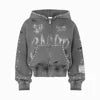 Hot Selling Trendy Custom Made 3D Embroidery Hoodie Acid Wash Zip Distressed 380 Gsm Heavyweight Cotton Rhinestones Embroidery