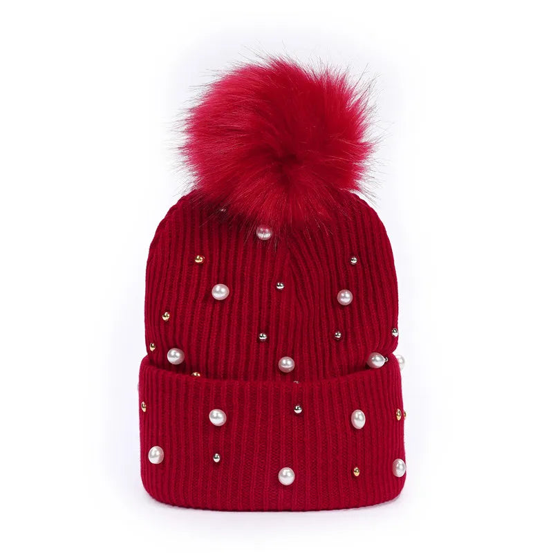 Winter Brand Female Fur Pom Poms Winter Hat for Women Girl 's Hats Knitted Beanies Cap Thick Women Pearl Skullies Beanies