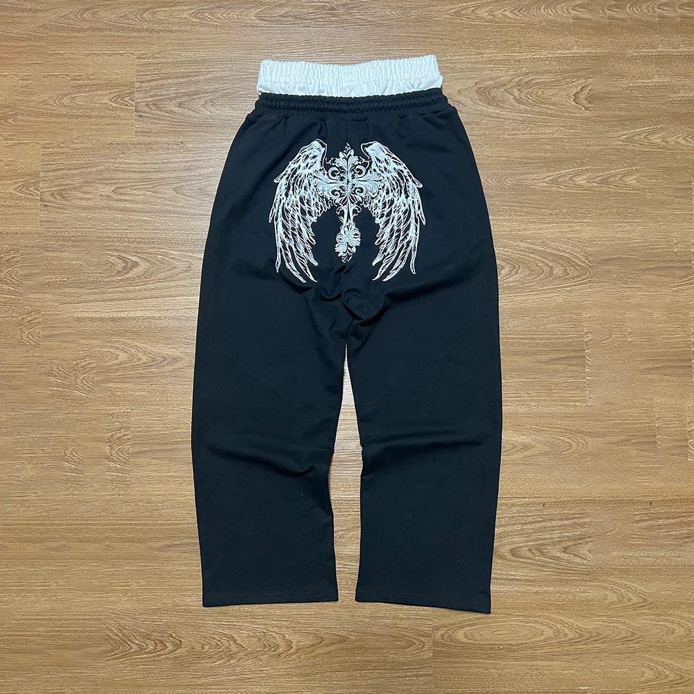 Custom Men's Oversized Black Casual Flared Sweatpants Wide Leg Baggy Pants Double Waist Waterproof Polyester Stacked