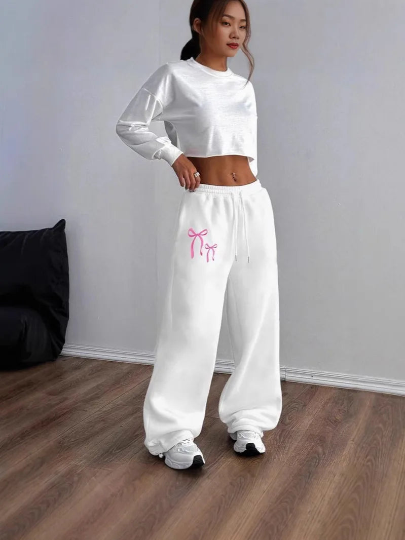 Women's Loose Straight Sports Bow Print Sweatpants Versatile Casual Fashion for Spring Flat