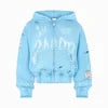 Hot Selling Trendy Custom Made 3D Embroidery Hoodie Acid Wash Zip Distressed 380 Gsm Heavyweight Cotton Rhinestones Embroidery