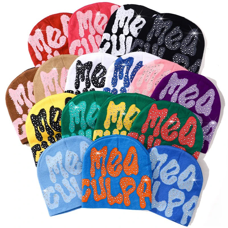 Men Women Letter Jacquard Beanie With Rhinestone Crochet Winter Acrylic Knit Ski Beanie Slouchy Caps Hat