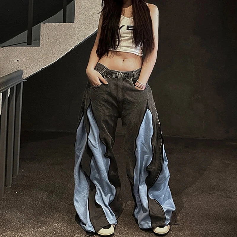 Heavy Patchwork Zip Up Baggy Jeans Women Hip Hop Color Block Loose Wide Leg Denim Pants Vintage Streetwear