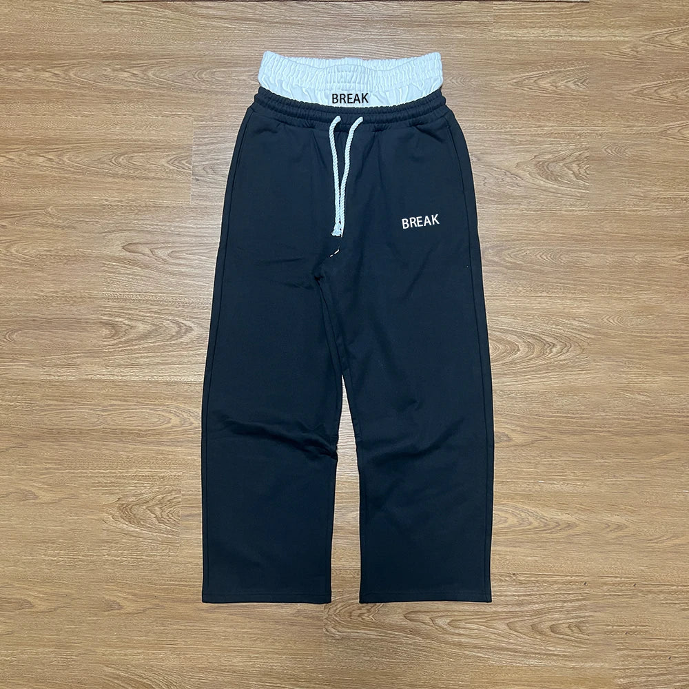 Custom Men's Oversized Black Casual Flared Sweatpants Wide Leg Baggy Pants Double Waist Waterproof Polyester Stacked