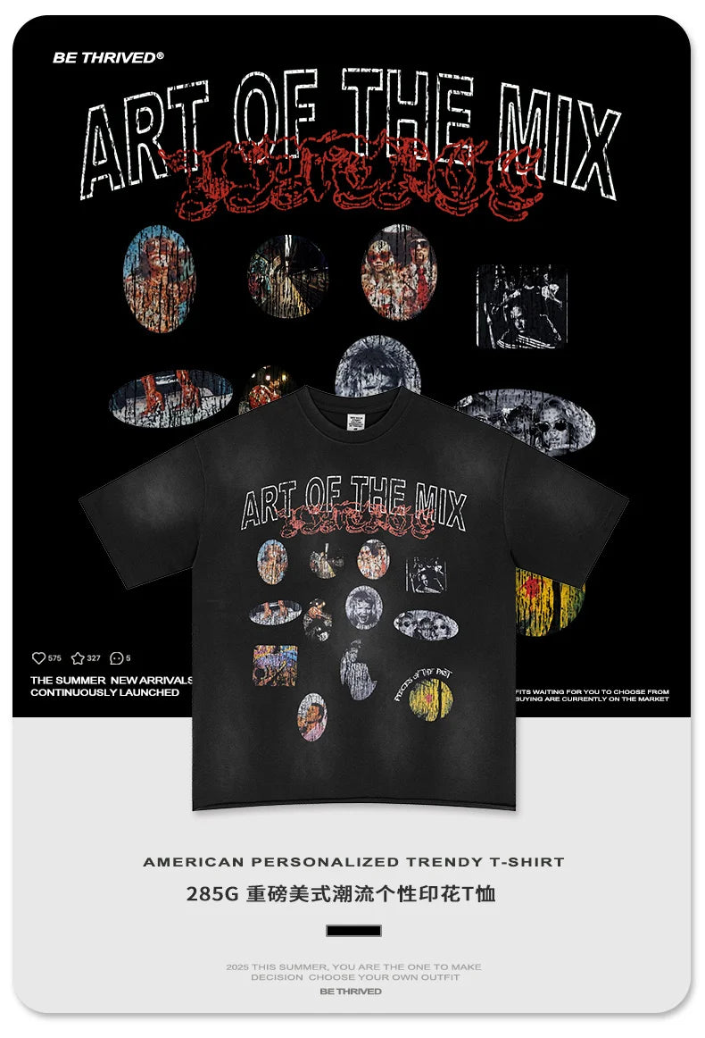 Men's Vintage Washed Print Graphic T-Shirt 285g 100% Cotton Heavyweight Oversized Breathable American Streetwear Patchwork Short