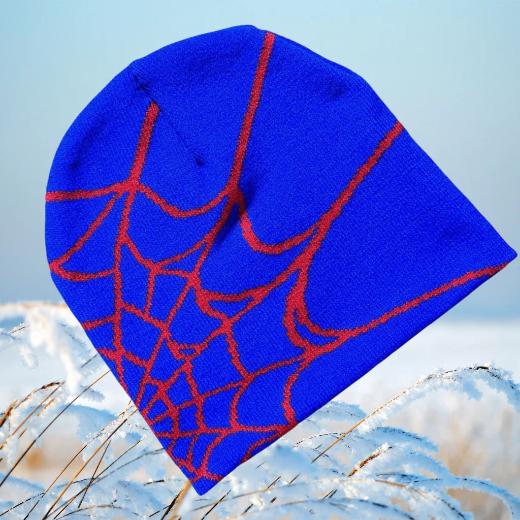 Y2KSpider Web Pattern Knitted Beanie Y2K Style, Multicolor Acrylic Warm Unisex Hip Hop Winter Skull Hat Customizable