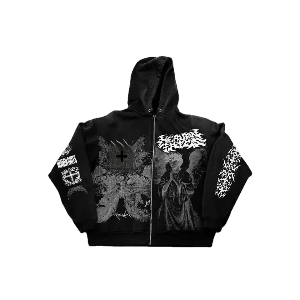 American Style Autumn New Angel Print Hooded Zipper Front Logo Regular Sleeve Unisex Loose Y2K Retro Polyester Hoodie