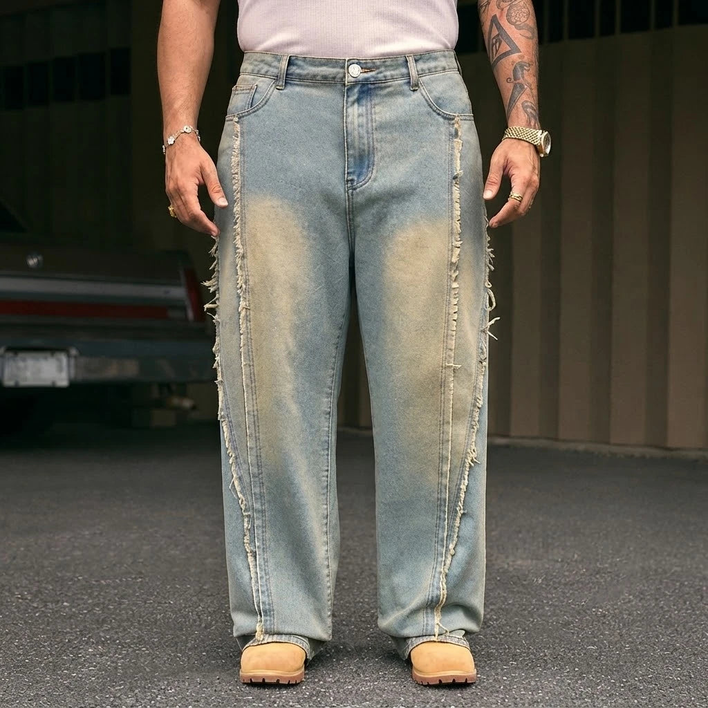 Wide Leg Jeans Men Frayed Seam Light Wash Baggy Denim Pants Plus Size Streetwear US Warehouse Ready Stock