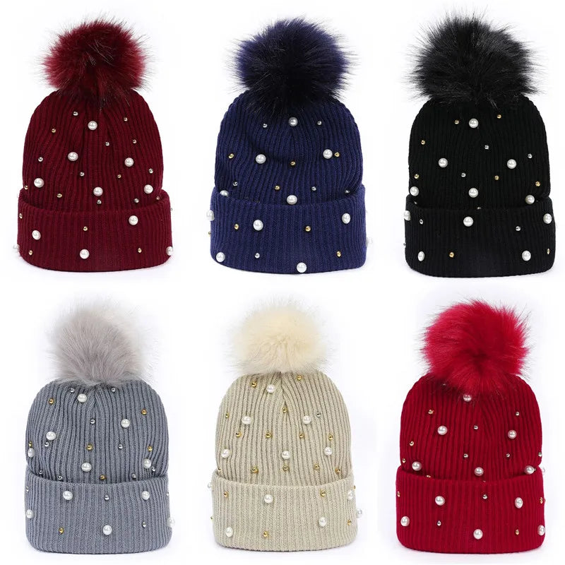 Winter Brand Female Fur Pom Poms Winter Hat for Women Girl 's Hats Knitted Beanies Cap Thick Women Pearl Skullies Beanies