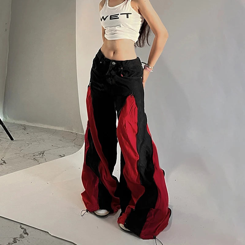 Heavy Patchwork Zip Up Baggy Jeans Women Hip Hop Color Block Loose Wide Leg Denim Pants Vintage Streetwear