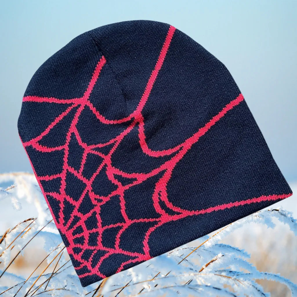 Y2KSpider Web Pattern Knitted Beanie Y2K Style, Multicolor Acrylic Warm Unisex Hip Hop Winter Skull Hat Customizable