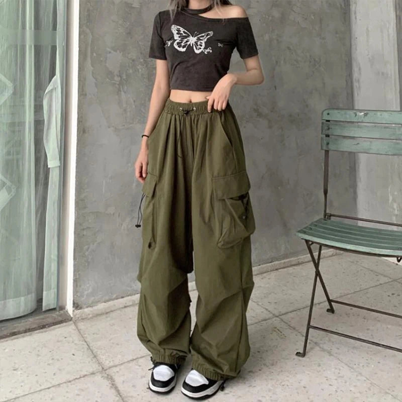 Y2k Streetwear Oversize Sweatpants Solid Low Pants Drawstring Wide Leg Baggy Trousers 2025 Women Casual Joggers Tech Pants