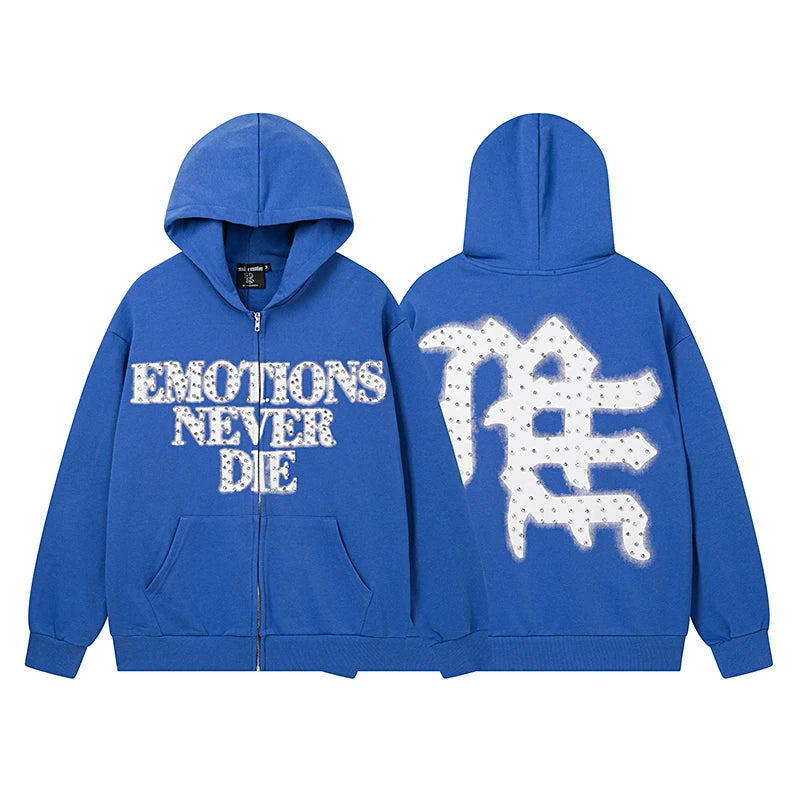 Cotton Zipper Hoodie Retro Street Shining Rhinestone Men's Clothing MIXED EMOTION Graffiti Hoodie