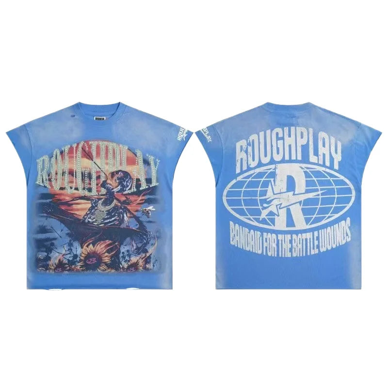 RoughPlay Casual Wash Cotton Vintage T-shirt Pattern Diamond Heavyweight Custom Graphic Short Sleeve Running Vest for Men