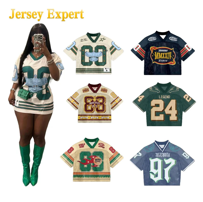 Y2K Streetwear Cropped Mesh Jersey Oversized Boxy Fit Drop Shoulder Breathable V Neck Retro Vintage Graphic Jersey T Shirts