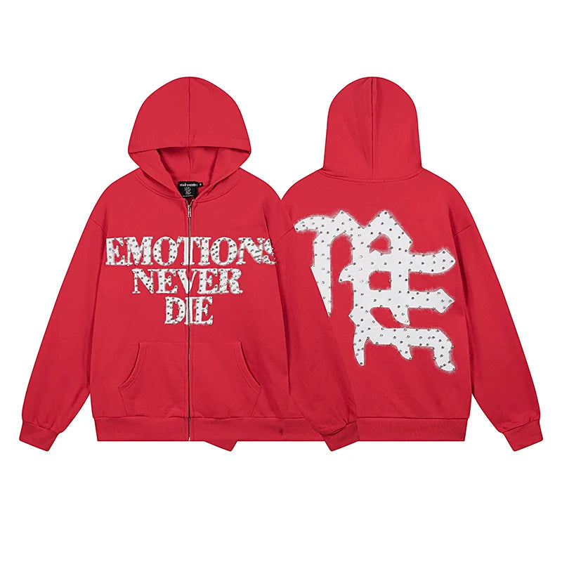 Cotton Zipper Hoodie Retro Street Shining Rhinestone Men's Clothing MIXED EMOTION Graffiti Hoodie