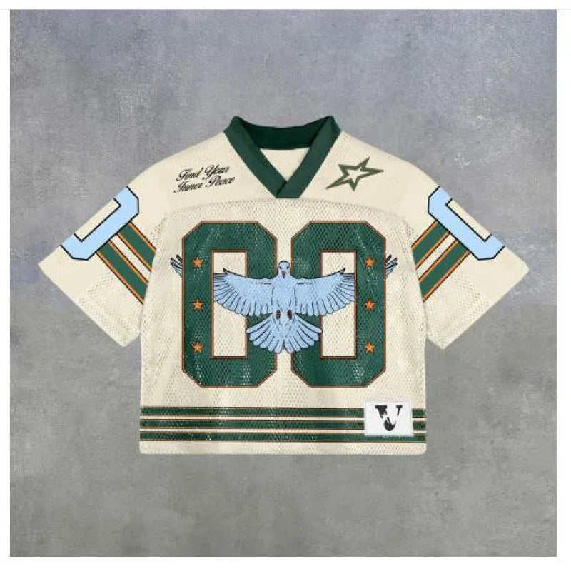 Y2K Streetwear Cropped Mesh Jersey Oversized Boxy Fit Drop Shoulder Breathable V Neck Retro Vintage Graphic Jersey T Shirts