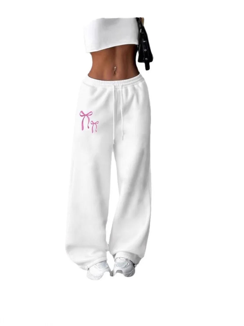 Women's Loose Straight Sports Bow Print Sweatpants Versatile Casual Fashion for Spring Flat