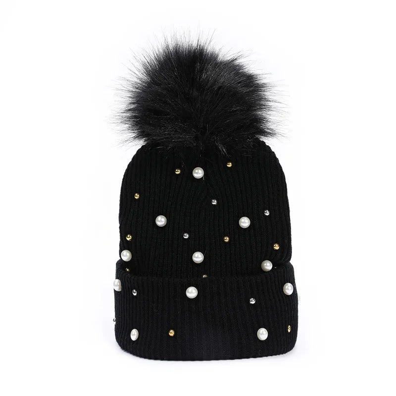 Winter Brand Female Fur Pom Poms Winter Hat for Women Girl 's Hats Knitted Beanies Cap Thick Women Pearl Skullies Beanies