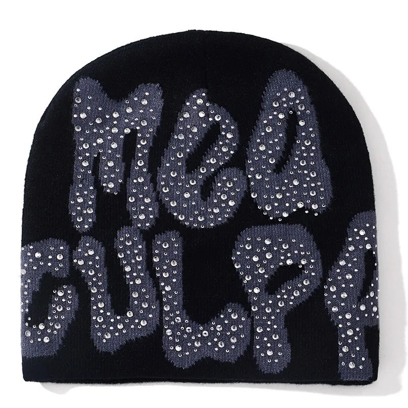 Men Women Letter Jacquard Beanie With Rhinestone Crochet Winter Acrylic Knit Ski Beanie Slouchy Caps Hat