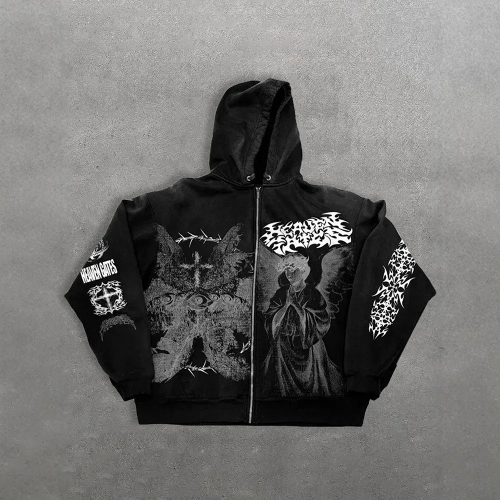 American Style Autumn New Angel Print Hooded Zipper Front Logo Regular Sleeve Unisex Loose Y2K Retro Polyester Hoodie