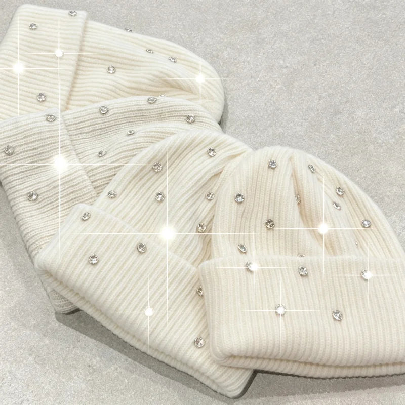 Factory Wholesale Diamond Bling Knit Cuffed Acrylic Rhinestone Winter Beenies Luxury Shiny Rhinestone Beanie for Women