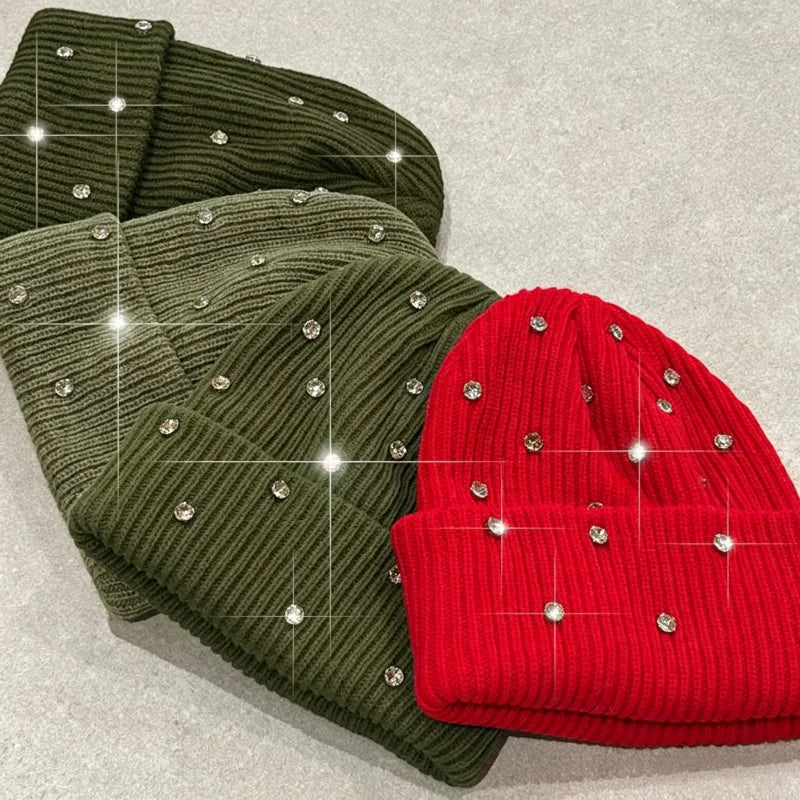 Factory Wholesale Diamond Bling Knit Cuffed Acrylic Rhinestone Winter Beenies Luxury Shiny Rhinestone Beanie for Women