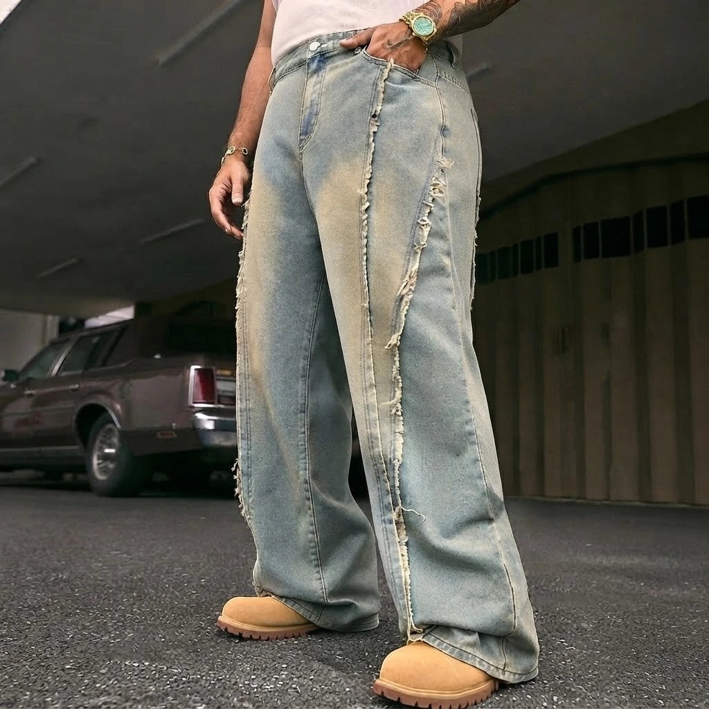 Wide Leg Jeans Men Frayed Seam Light Wash Baggy Denim Pants Plus Size Streetwear US Warehouse Ready Stock