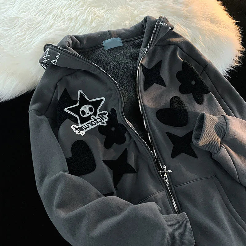 American Vintage Embroidery Zip up Hoodie High Quality Jacket Women Oversized Star Print Sweatshirt Goth Harajuku Y2k Streetwear
