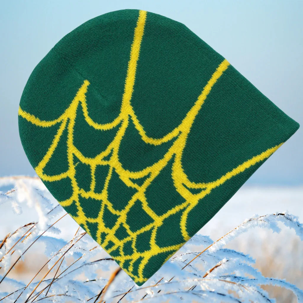 Y2KSpider Web Pattern Knitted Beanie Y2K Style, Multicolor Acrylic Warm Unisex Hip Hop Winter Skull Hat Customizable