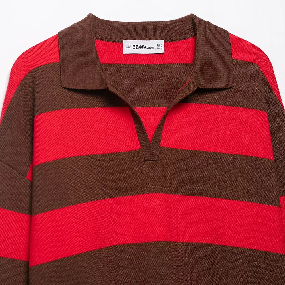 PB&ZA Women 2025 Autumn New Fashion Striped POLO Shirt Collar Knitted Sweater Vintage Long Sleeve Female Pullovers Chic Tops