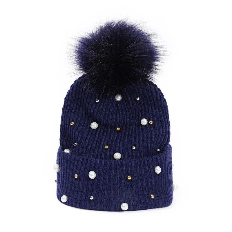 Winter Brand Female Fur Pom Poms Winter Hat for Women Girl 's Hats Knitted Beanies Cap Thick Women Pearl Skullies Beanies