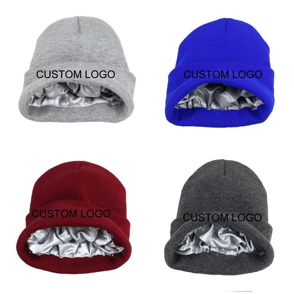 Wholesale Hight Quality Mohair Satin Lined Beanies With Custom Jacquard Logo and Satin Lined Inside