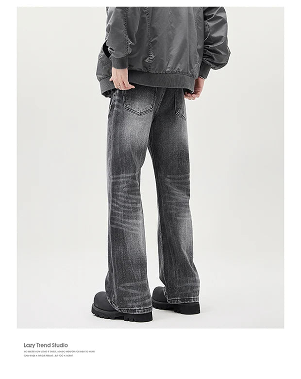 Men Fashion Designer Sense lightning Crack Stone Wash Jean Retro Micro Pants Casual Men Baggy Straight Leg Black Denim Jeans