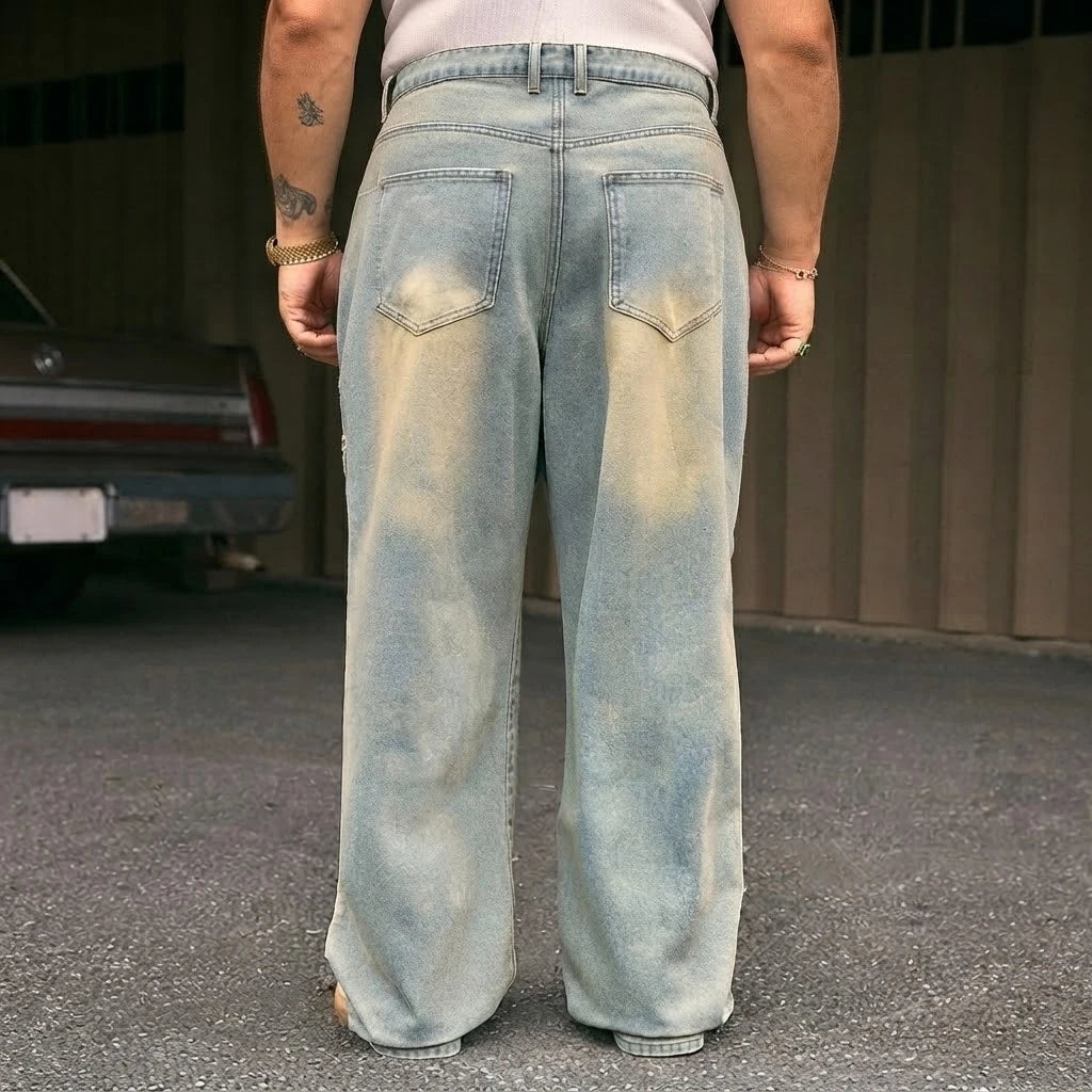 Wide Leg Jeans Men Frayed Seam Light Wash Baggy Denim Pants Plus Size Streetwear US Warehouse Ready Stock