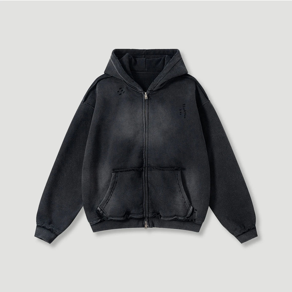 Vintage Washed Zip up Hoodie Heavyweight 400G Oversized Faded Hoodie Y2K Streetwear Full Zip Jacket
