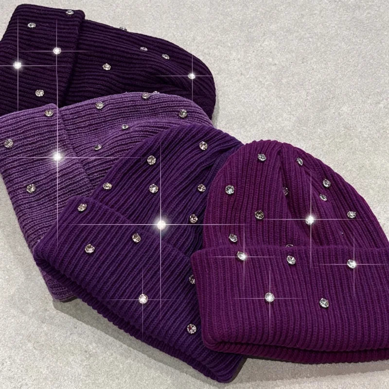 Factory Wholesale Diamond Bling Knit Cuffed Acrylic Rhinestone Winter Beenies Luxury Shiny Rhinestone Beanie for Women