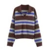 PB&ZA Women 2025 Autumn New Fashion Striped POLO Shirt Collar Knitted Sweater Vintage Long Sleeve Female Pullovers Chic Tops
