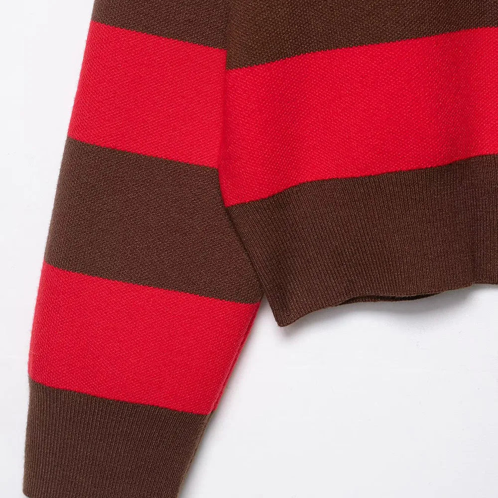 PB&ZA Women 2025 Autumn New Fashion Striped POLO Shirt Collar Knitted Sweater Vintage Long Sleeve Female Pullovers Chic Tops
