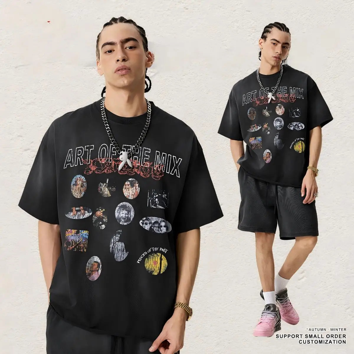Men's Vintage Washed Print Graphic T-Shirt 285g 100% Cotton Heavyweight Oversized Breathable American Streetwear Patchwork Short