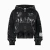 Hot Selling Trendy Custom Made 3D Embroidery Hoodie Acid Wash Zip Distressed 380 Gsm Heavyweight Cotton Rhinestones Embroidery