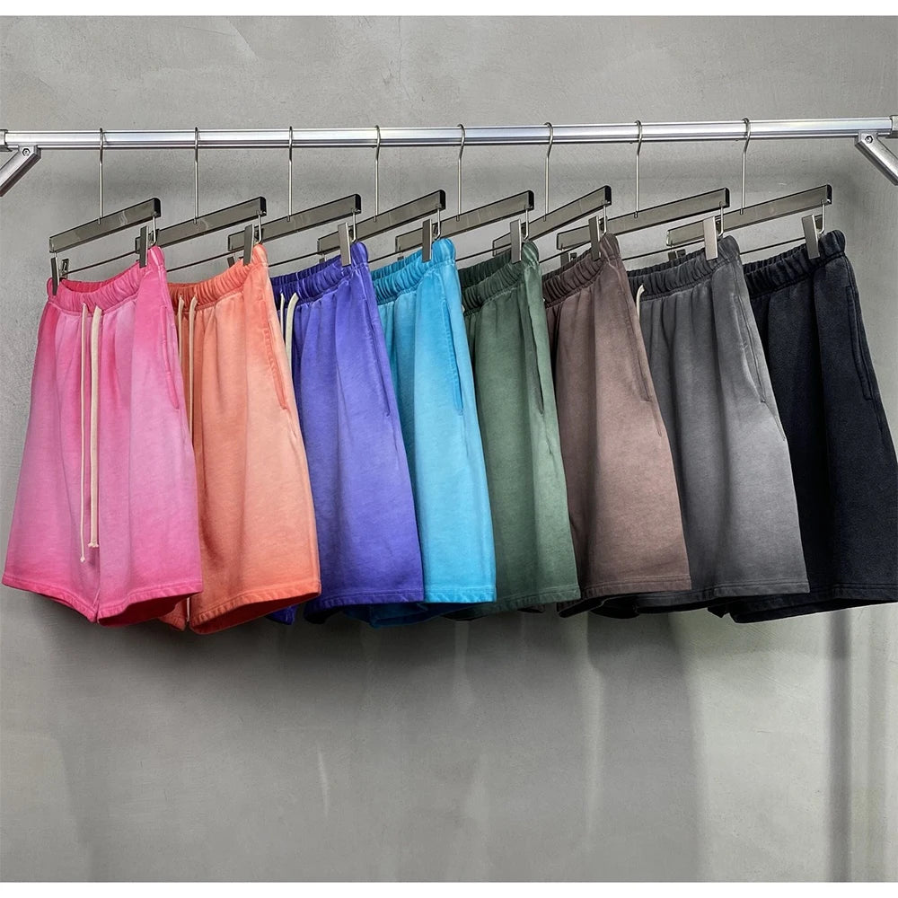 330gsm 100% Cotton Heavyweight Distressed Short Pants Washed Color Gradient Oversized Men's Shorts