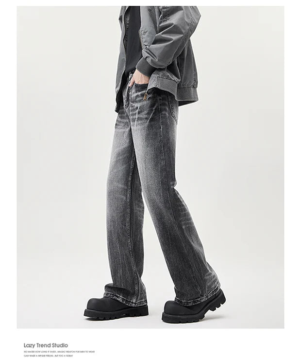 Men Fashion Designer Sense lightning Crack Stone Wash Jean Retro Micro Pants Casual Men Baggy Straight Leg Black Denim Jeans