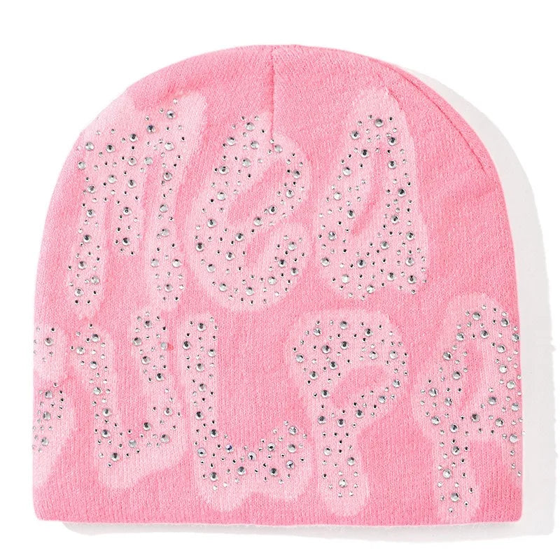 Men Women Letter Jacquard Beanie With Rhinestone Crochet Winter Acrylic Knit Ski Beanie Slouchy Caps Hat